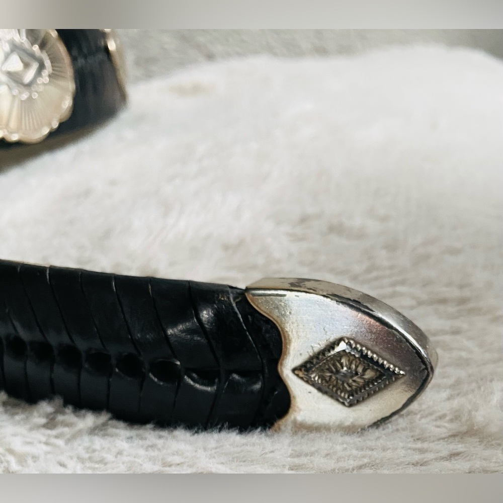 Woven Black Leather Belt with Large Silver Concho Accents Shnazi Buckle & Tip - Picture 6 of 14
